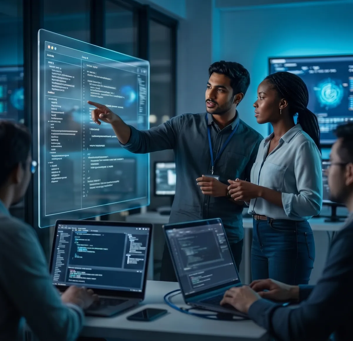 Technology team reviewing code together